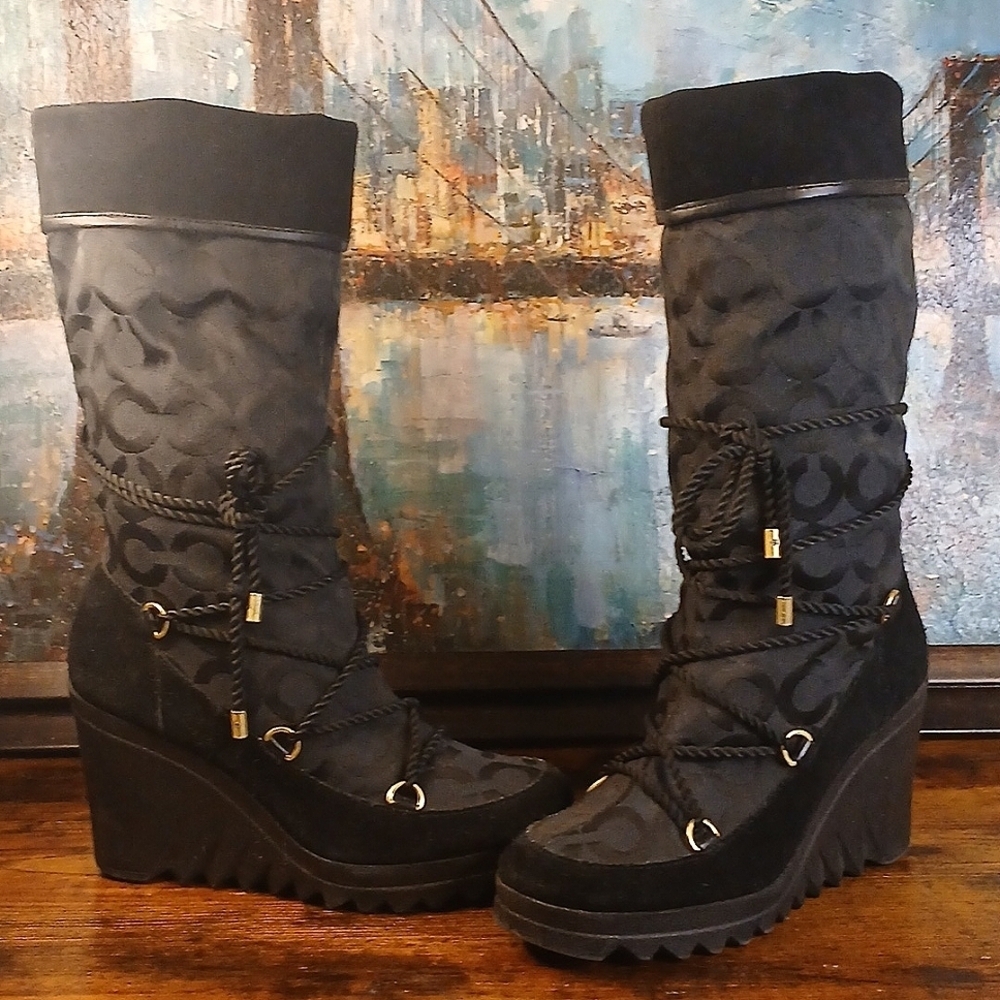 Coach Black Lace Up Wedge Boots